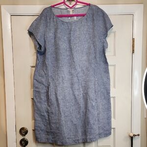 Eileen Fisher Chambray-Style Short Sleeve Dress Shift in Blue 100% Organic Linen